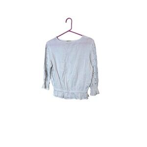 Cynthia Rowley Blouse‎ Womens Medium White Eyelet 3/4 Sleeve Linen Hem Top